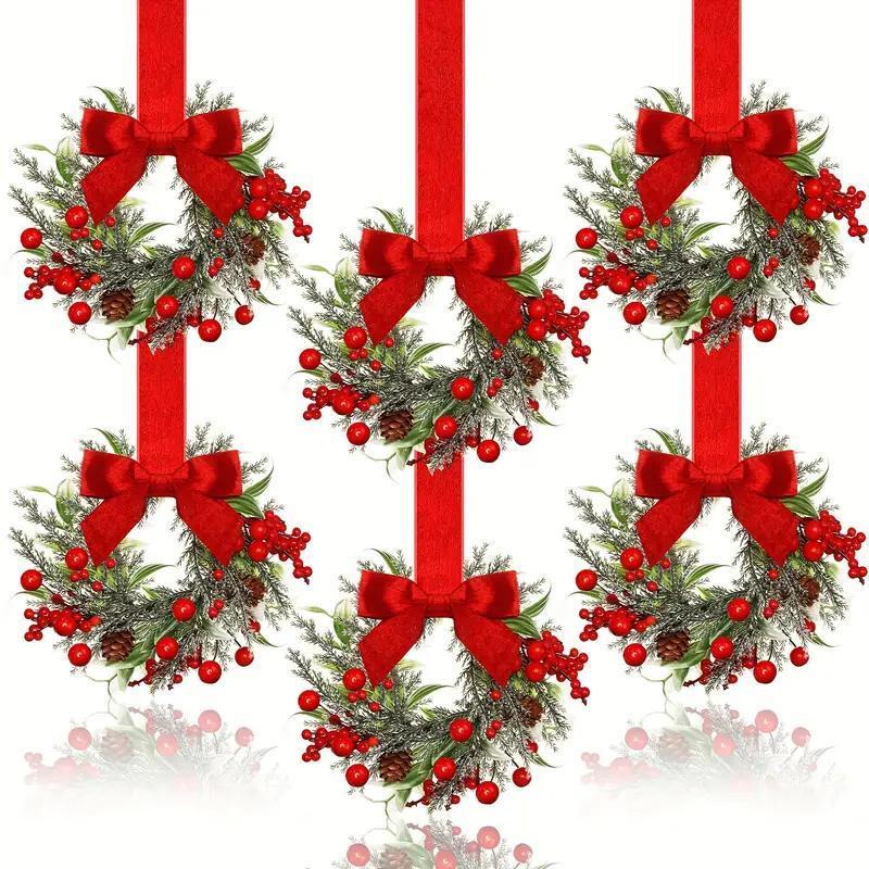 6-Pack Christmas Mini Window Wreaths with Ribbon Bows & Red Berries - Small Cabinet Hangers, Farmhouse Style Kitchen Door Decor for Christmas Party Arrangements