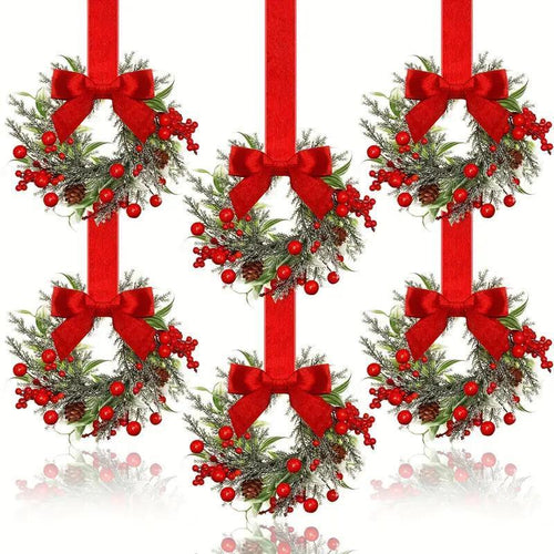 6-Pack Christmas Mini Window Wreaths with Ribbon Bows & Red Berries - Small Cabinet Hangers, Farmhouse Style Kitchen Door Decor for Christmas Party Arrangements