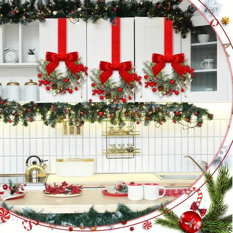 6-Pack Christmas Mini Window Wreaths with Ribbon Bows & Red Berries - Small Cabinet Hangers, Farmhouse Style Kitchen Door Decor for Christmas Party Arrangements