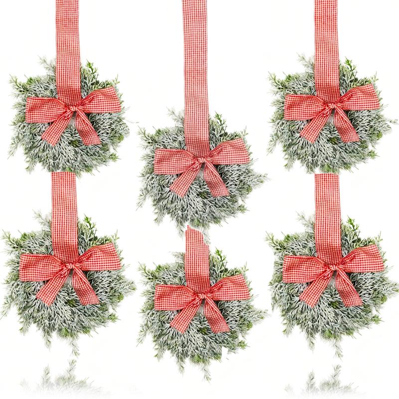 6-Pack Christmas Mini Window Wreaths with Ribbon Bows & Red Berries - Small Cabinet Hangers, Farmhouse Style Kitchen Door Decor for Christmas Party Arrangements