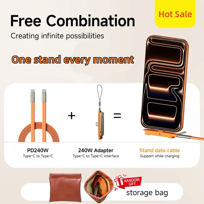 240W Super Charge 360° Rotating Invisible Stand Detachable 2-in-1 Charging Cable
